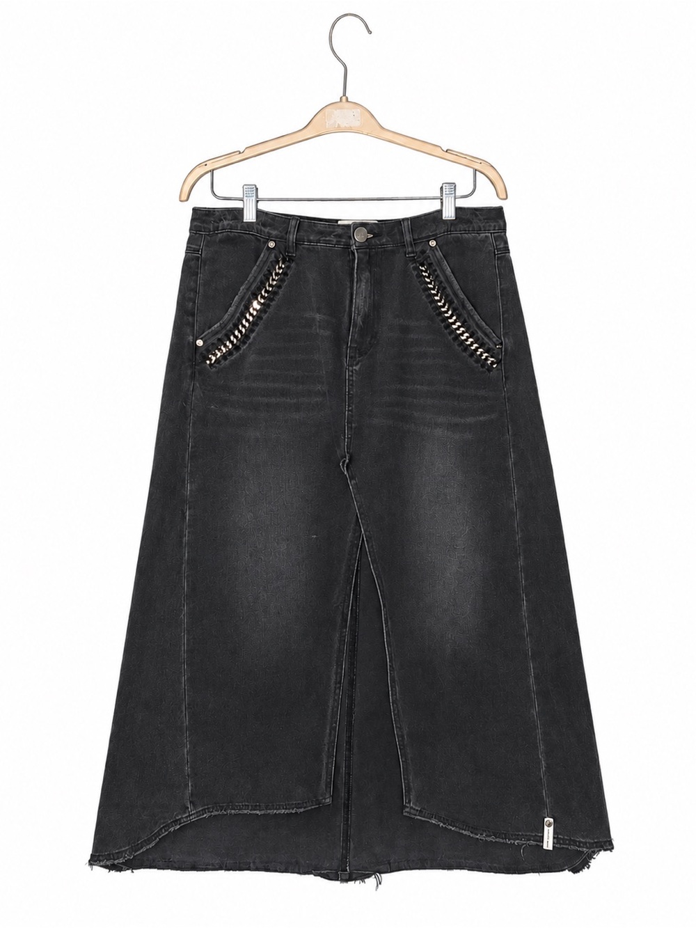 Midi Distressed Black Denim Skirt with chain detail